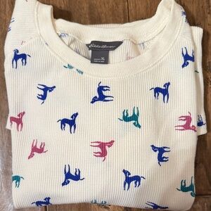 Eddie Bauer Waffle Knit Top Ivory With Multi-Color Dog Design